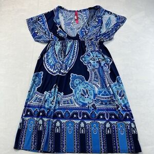 Cristina Love Paisley Empire Waist Dress Women's Large Blue Short Sleeve Boho